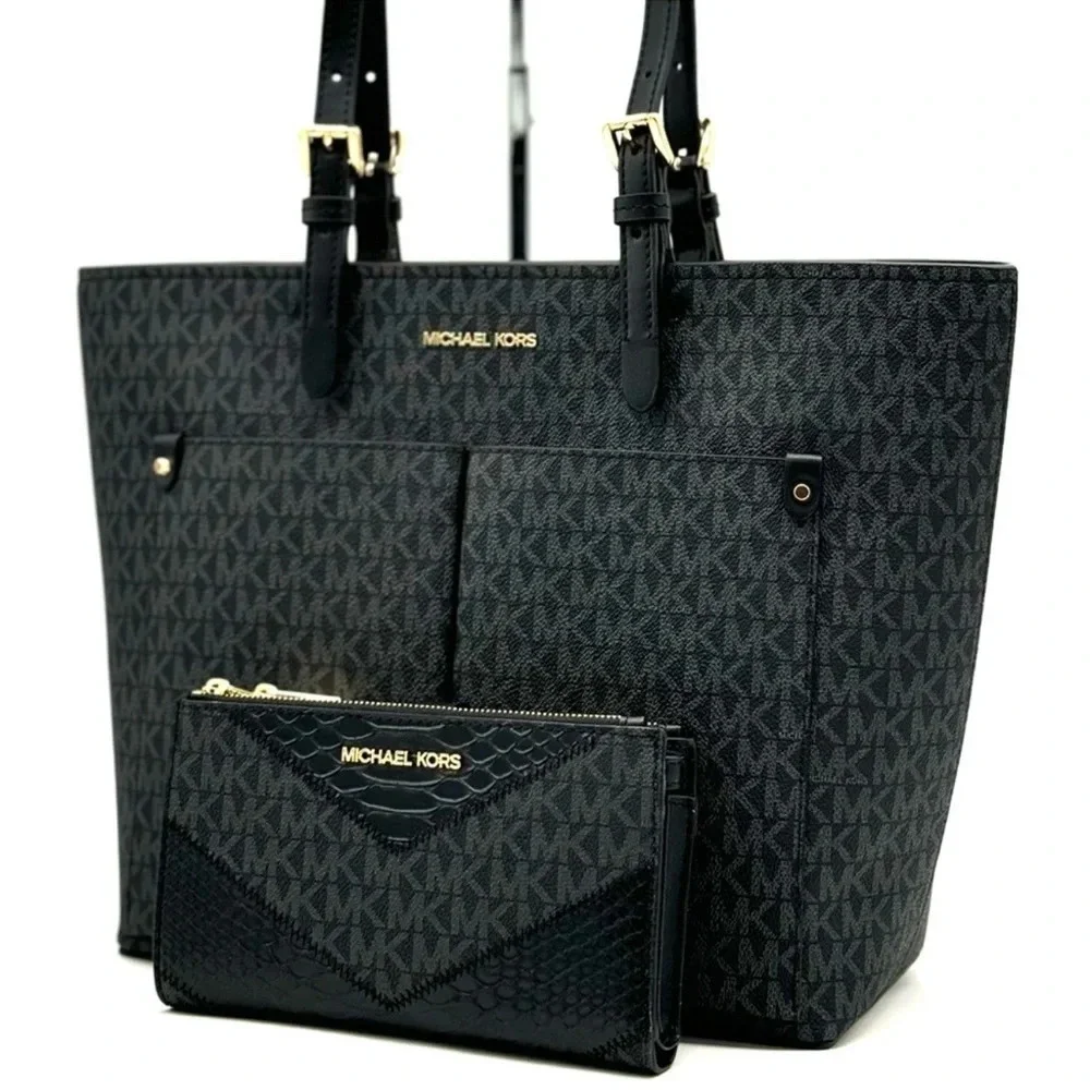 Michael Kors Jet Set Medium Pocket Tote Bag & Double Zip Wallet Black Multi
